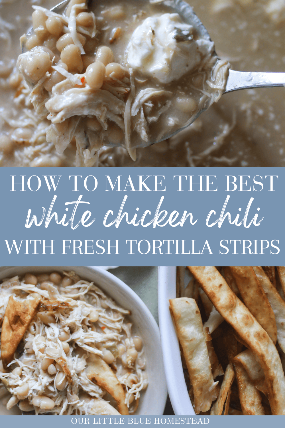 Cozy bowl of white chicken chili with crispy tortilla strips for extra crunch